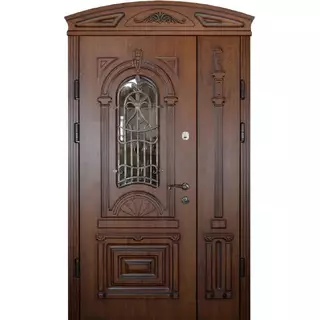 Арочная двустворчатая дверь со стеклом и ковкой